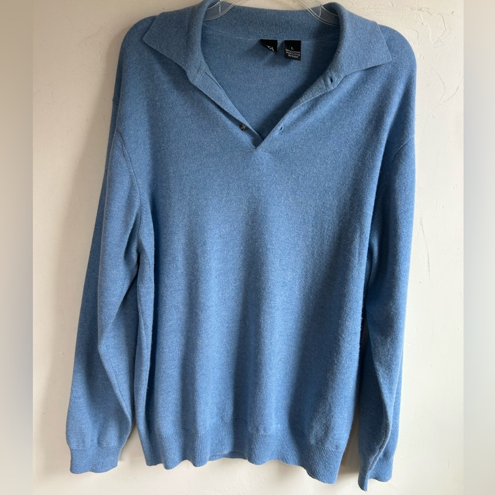 ▶️ Saks Fifth Avenue 100% Cashmere Sweater Mens L Blue Polo Long Sleeve Luxury